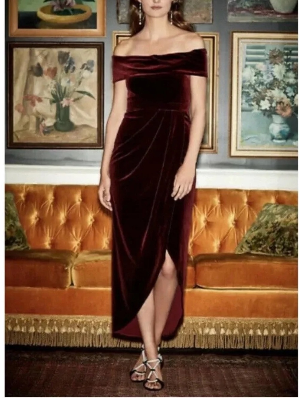 BHLDN Anthropologie Edison Off The Shoulder Elegant Red Velvet Evening Gown 4